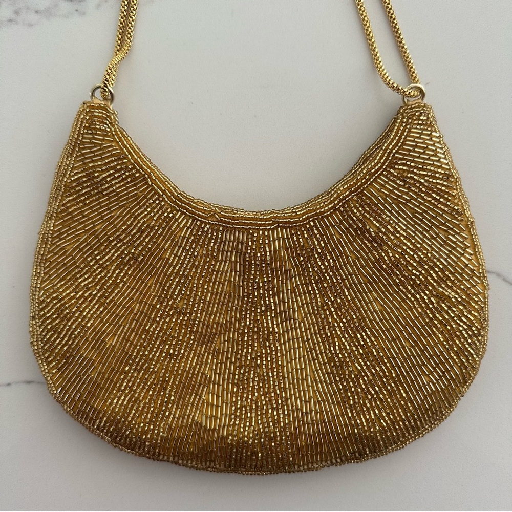 Vintage Walborg Beaded Crescent Convertible Evening Bag in Gold 8" x 6" - Picture 6 of 7